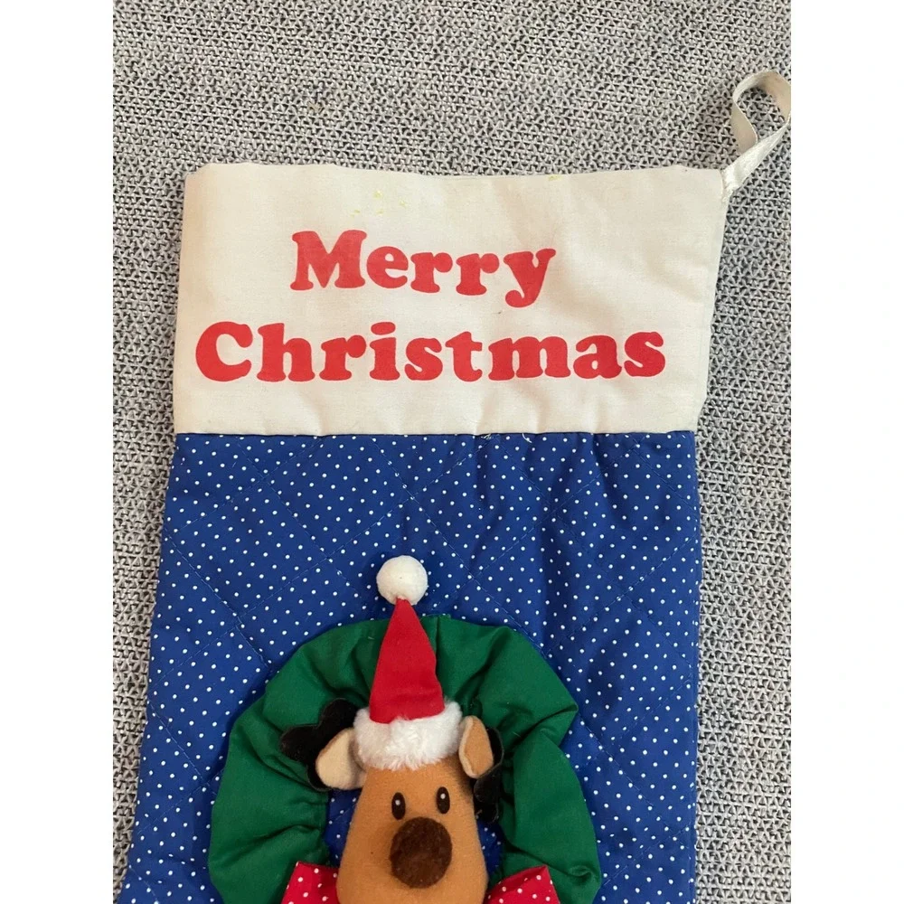 Russ Christmas Stocking‎ Blue Polka Dot Reindeer Wreath Merry Christmas Holiday